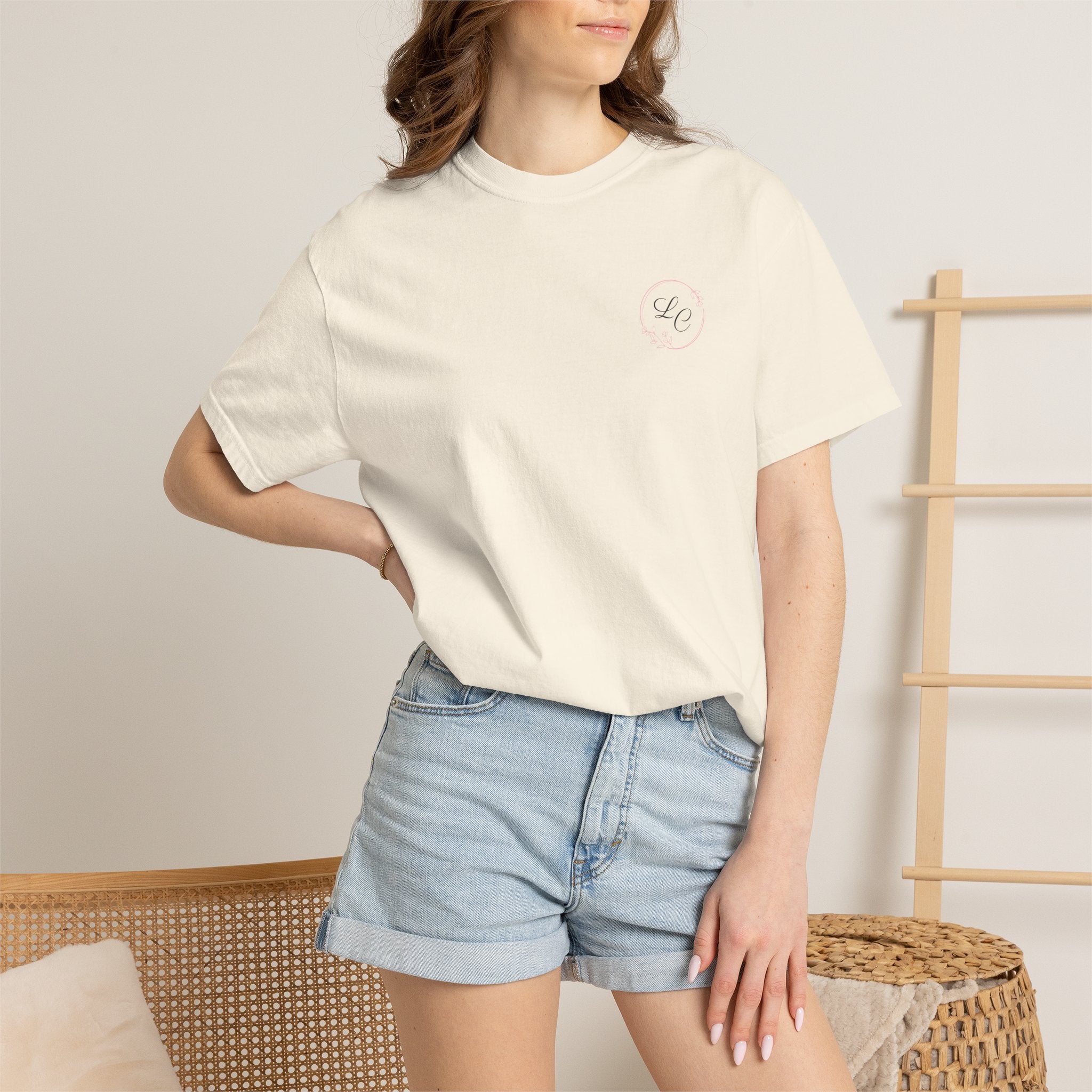 T-shirt — Lily Coco Designs Logo Tee (White, Script Logo & Pink Heart)