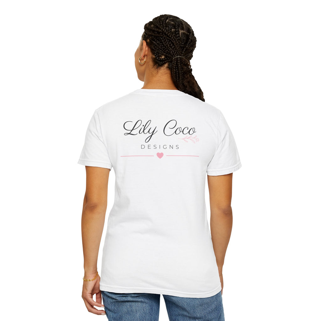 T-shirt — Lily Coco Designs Logo Tee (White, Script Logo & Pink Heart)