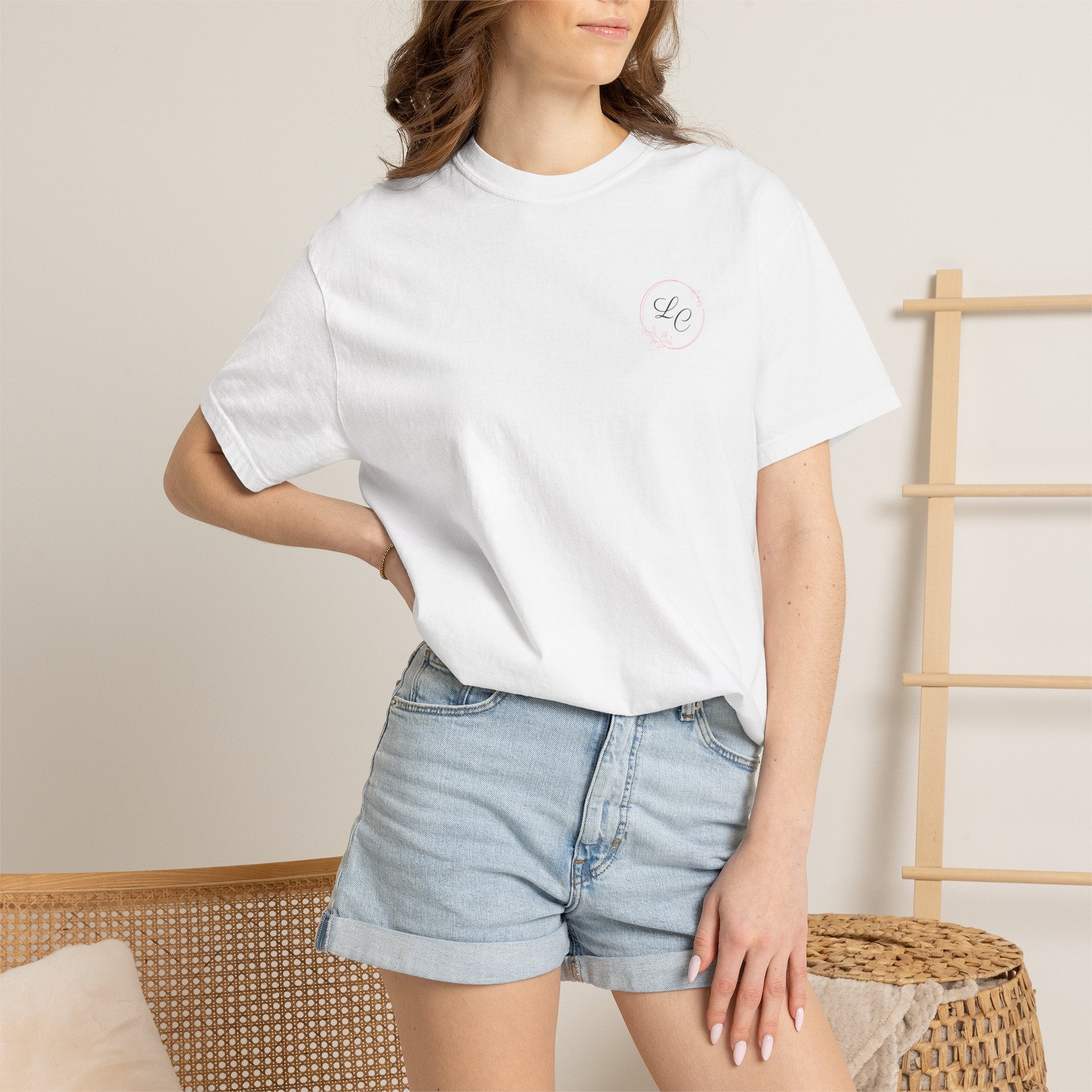 T-shirt — Lily Coco Designs Logo Tee (White, Script Logo & Pink Heart)